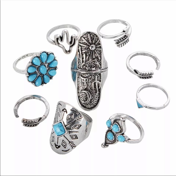 New! 9-piece Turquoise Silver Ring Set - Picture 3 of 3